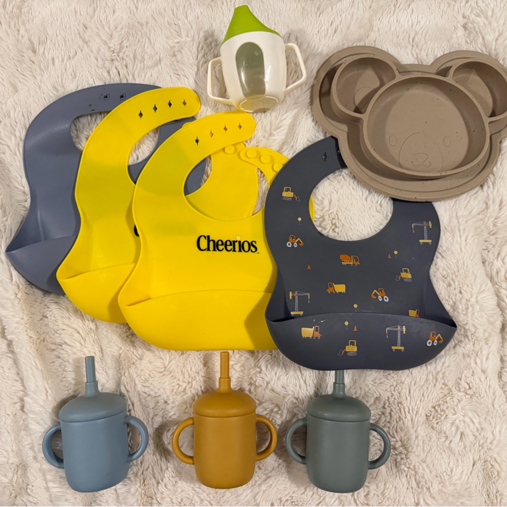 Baby Meal Time Bundle - Silicone Baby Bibs, Cups, Plate and Plastic Sippy Cup